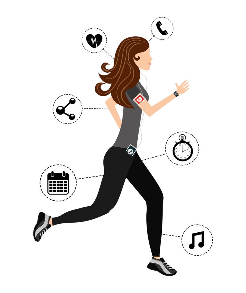Illustration of woman running with tech gadgets