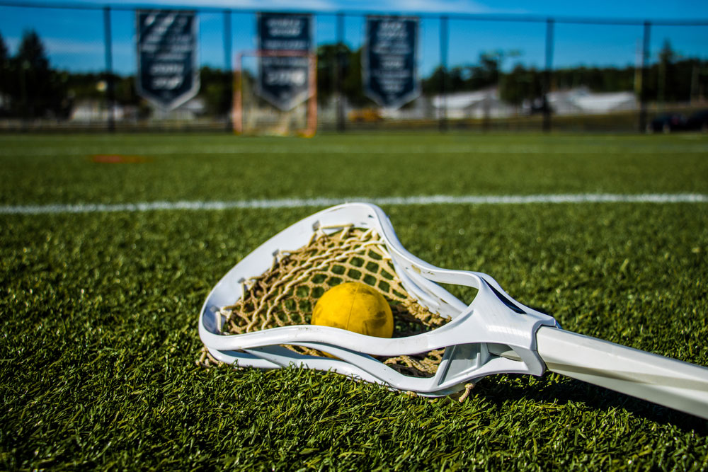 Lacrosse ball on the grass in front of a net.
