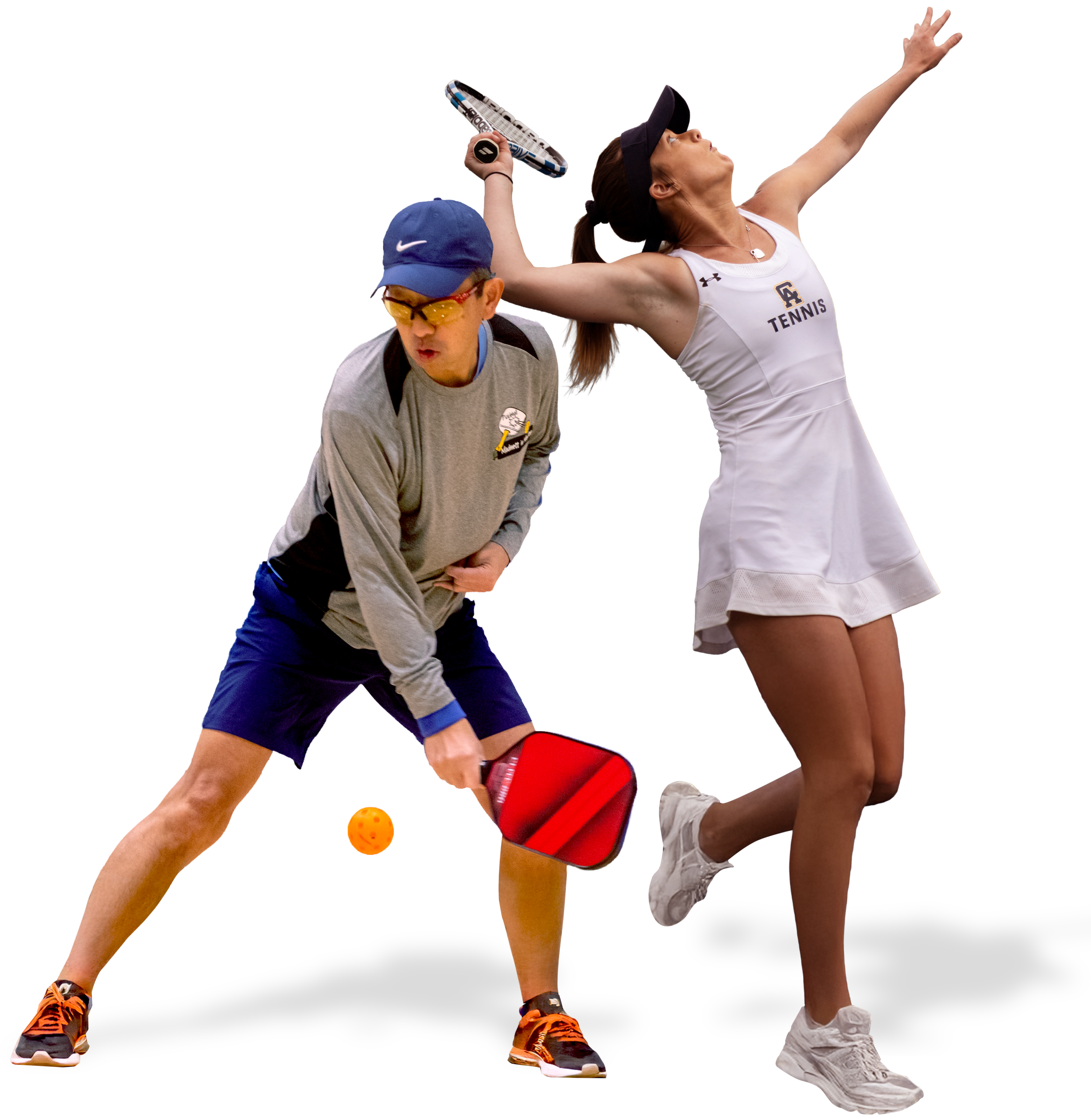 A man in sportswear plays pickleball with a red paddle, focusing intently. Beside him, a woman poised in mid-air serves a tennis ball, exuding athletic energy.