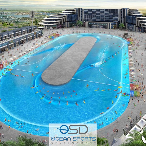 Overhead view of outdoor Webber Wave Pool, a client of Sports Facilities Advisory